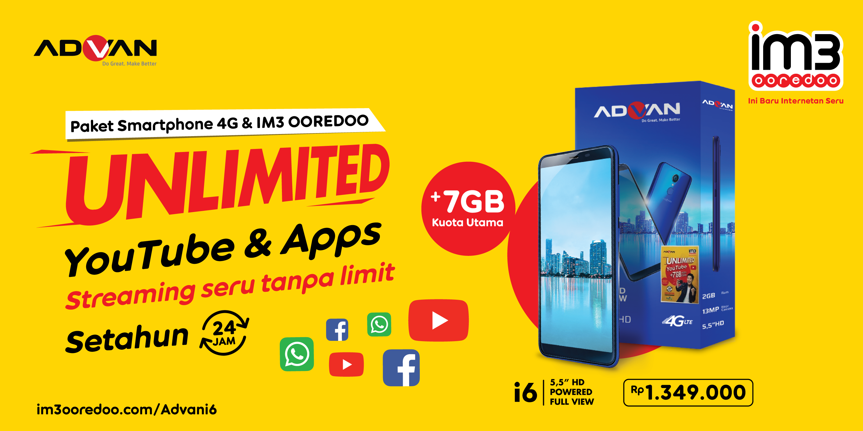Advan i6 & IM3 Ooredoo Unlimited + 7GB Kuota Utama,  Nikmati YouTube dan Aplikasi Sehari-hari Sepuasnya Selama Satu Tahun