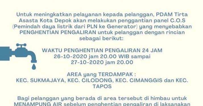 Siap-Siap Senin Depan, PDAM Tirta Asasta Hentikan Aliran 24 Jam