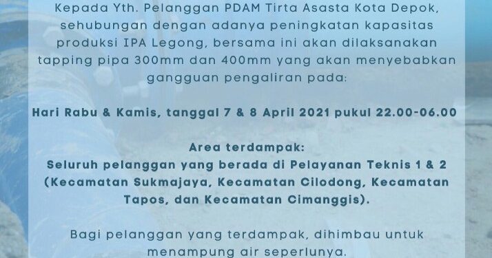 Malam Ini Ada Gangguan Pengaliran Air PDAM Depok